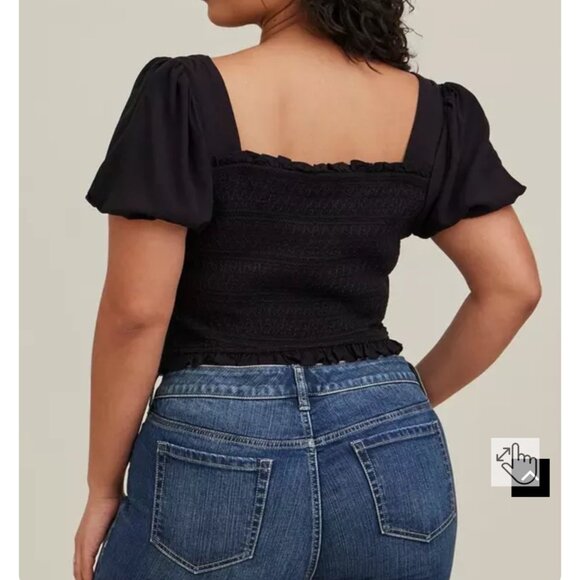 Torrid Womens Plus Size 2 Smocked Black Square Neck Puff Sleeve Top Stretchy & L - Picture 2 of 13